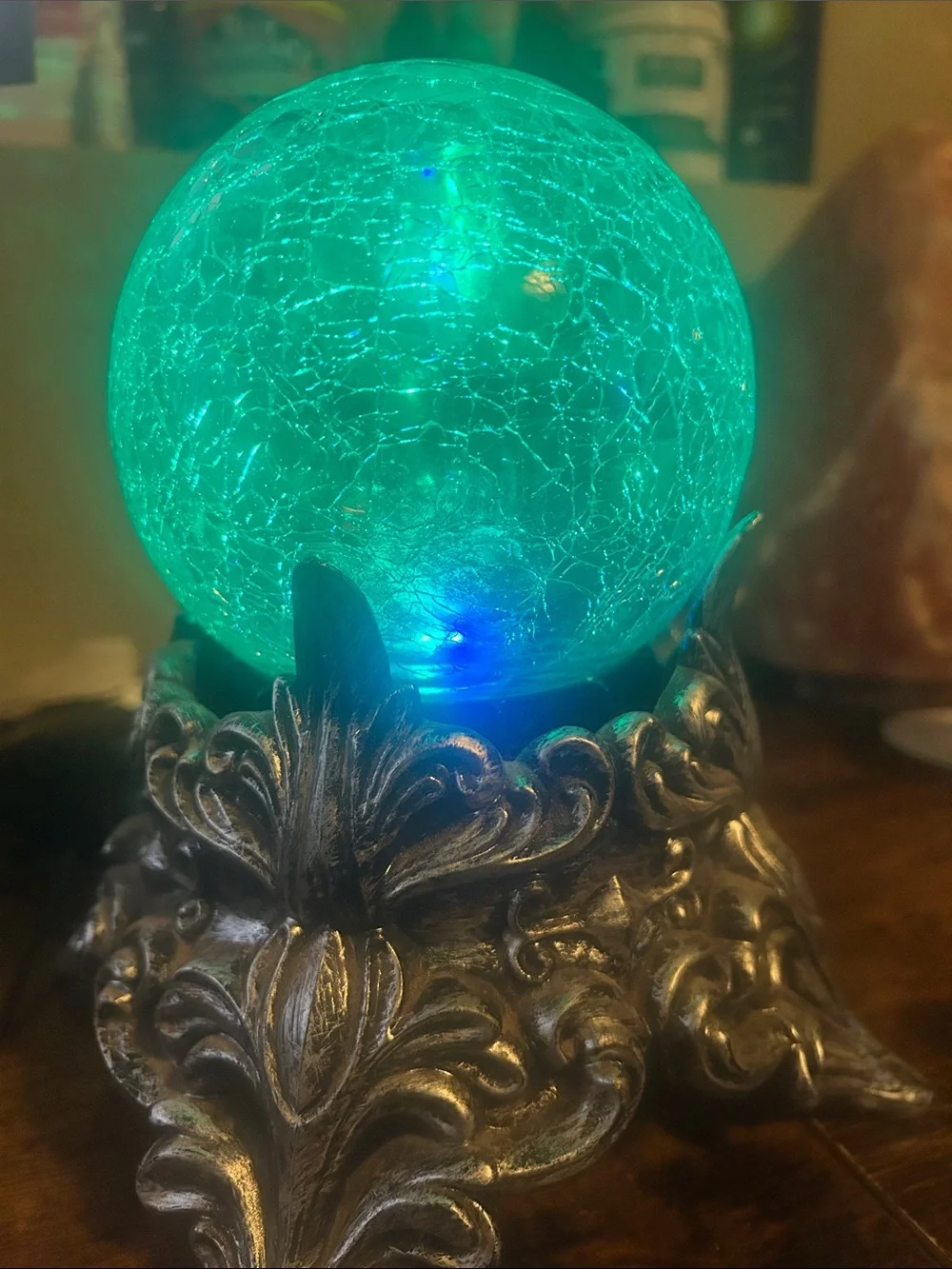 Crackled Blue Glass Orb Night Light on Ornate Metallic Stand